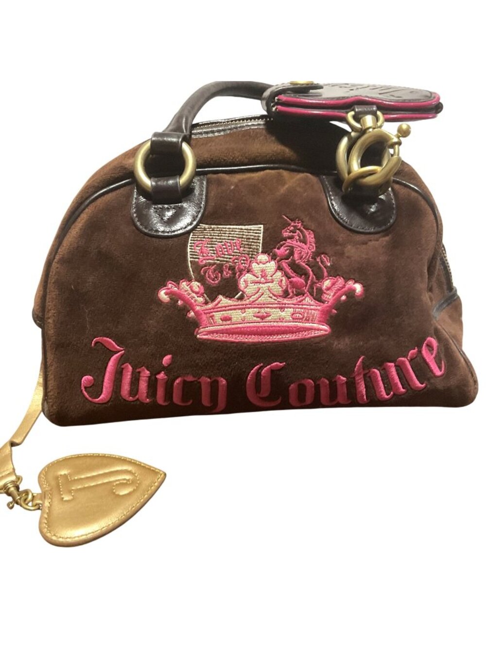 Vtg Juicy Couture Bowling Unicorn Crown Bag Brown Velour W/ Charms Clean Inside